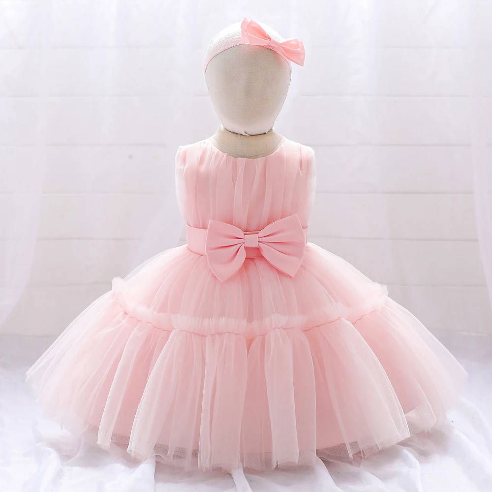 Baby Girls White Baptism Dress Tulle Bow Infant Baby 1st Birthday Party Dresses For Girl Toddler Princess Wedding Gown Clothes