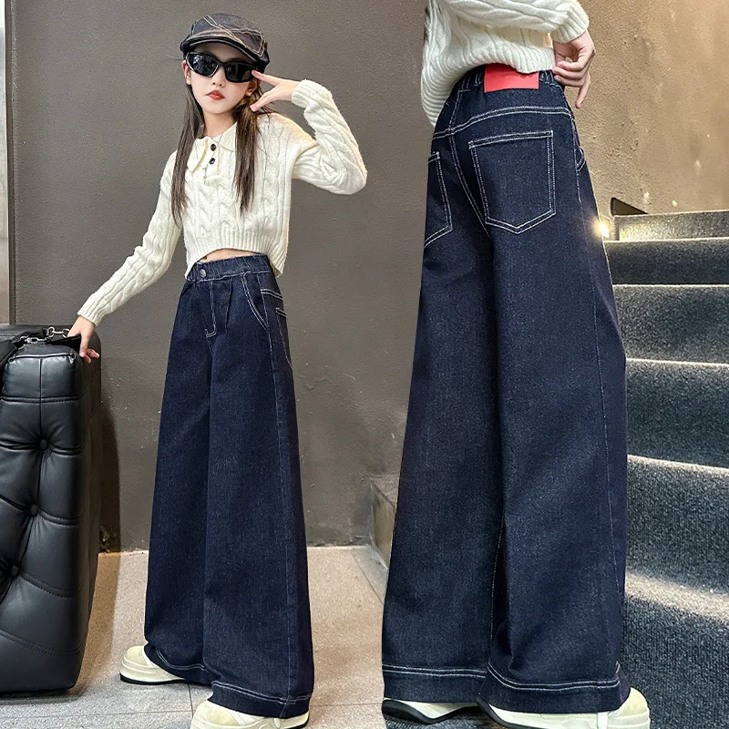Spring Autumn Teenage Girls Loose Wide Leg Jeans Navy Blue Casual Fashion Kids School Trousers 4-14 Years