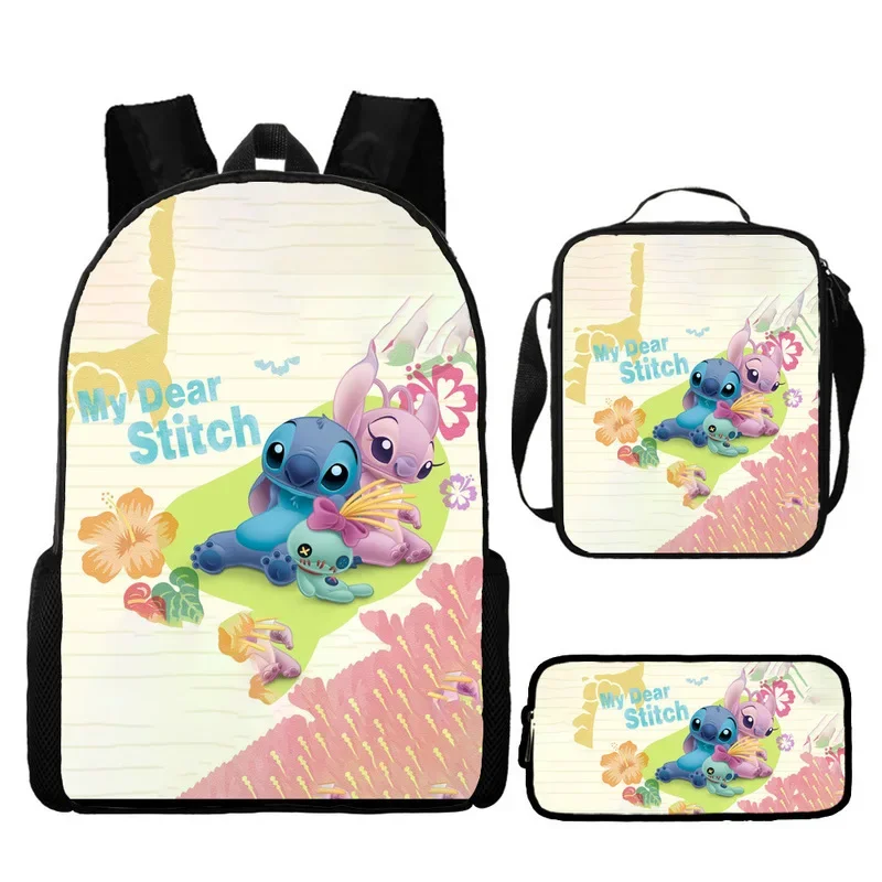 3szt Disney Stitch Plecak Szkoła podstawowa i średnia Tornister Torba na lunch Piórnik Przybory szkolne Wodoodporny plecak