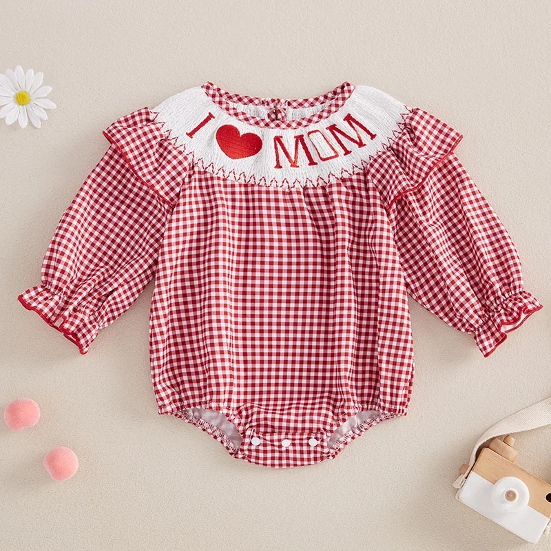 Toddler Baby Girls Romper Heart Plaid Print Ruffle Long Sleeve Bodysuit Sweet Jumpsuit Newborn Clothes