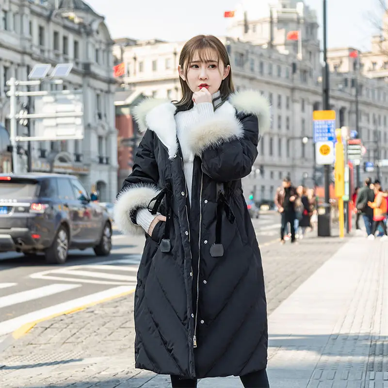 

Korean Style Long Down Jacket for Women Thicken Solid Color Office Lady Zippers Winter Coat Casual Thermal Outerwear T564