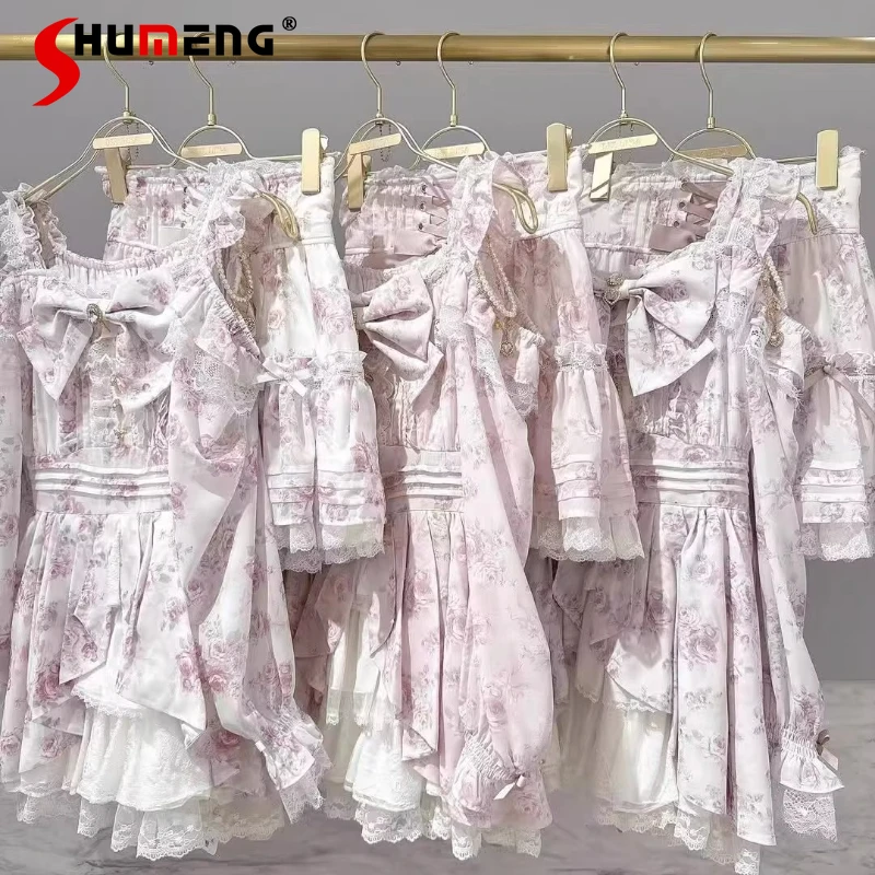 

Liz Dress Set Autumn New Japanese Mine Mass-produced Lolita Dress Shorts 2 Piece Set Cute Bow Print Long-sleeved Top Shorts Set