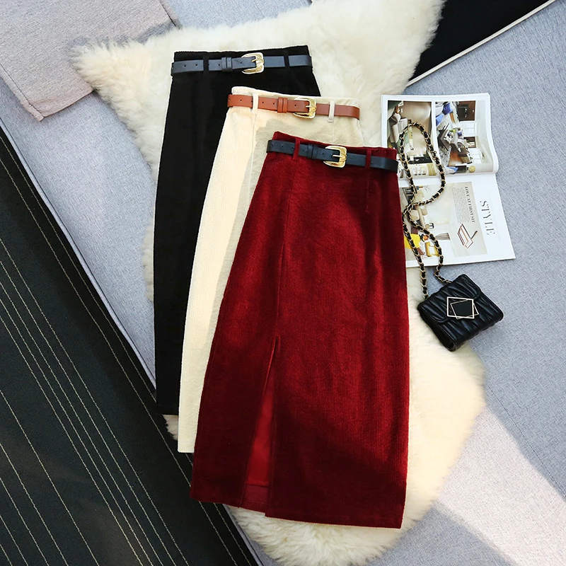 

Red Vintage Women Skirts Casual Split High Wasit Corduroy Slim Long Skirt Sexy Fashion Streetwear Autumn Winter A-line Skirts