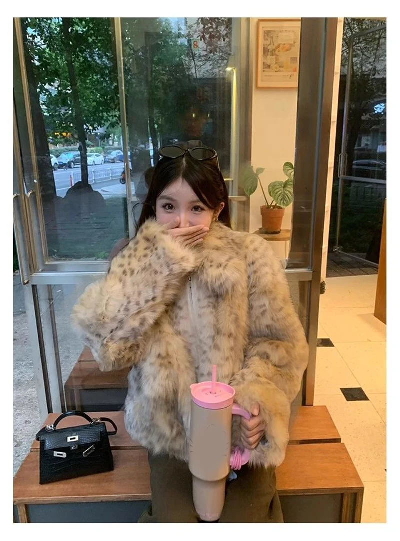 Leopard Faux Fur Coat Women Winter Thick Warm Vintage Streetwear Jacket Casual Zipper Female Retro American Hip Hop Outwear Tops