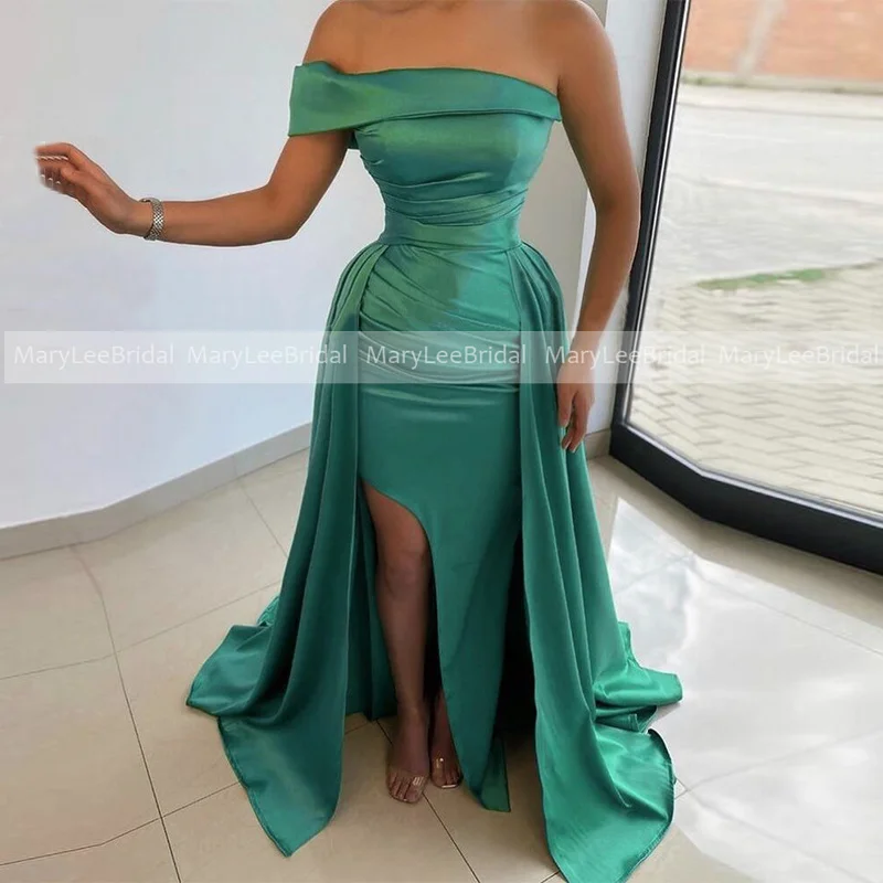 

One Off Shoulder Teal Prom Dress with Overlay Skirt Ruched Satin Side Split Women Evening Formal Party Dresses Vestidos De Noche