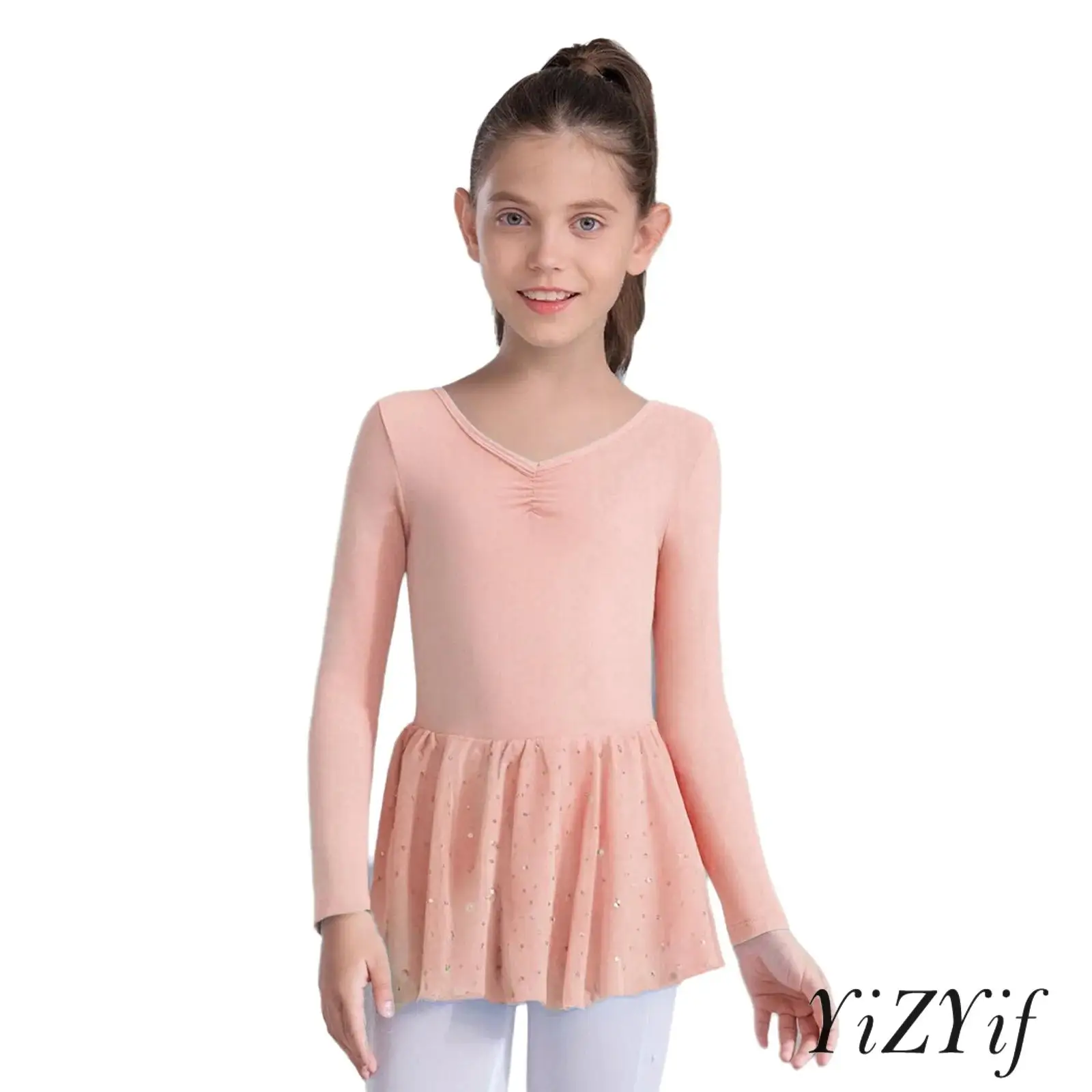 

Kids Girls Ballet Dance Dresses Front Ruched Long Sleeve Back Bowknot Sequins Dress for Gymnastics Warm-Up Practice Performance
