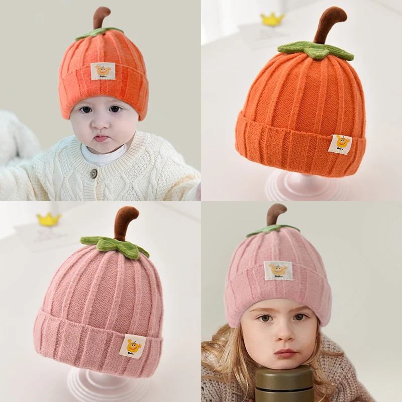 Children Cute Soft Knitted Pumpkin Hat Baby Girls Lovely Outdoor Warm Head Guard Hat Boys Kids Fashion Breathable with Label Hat