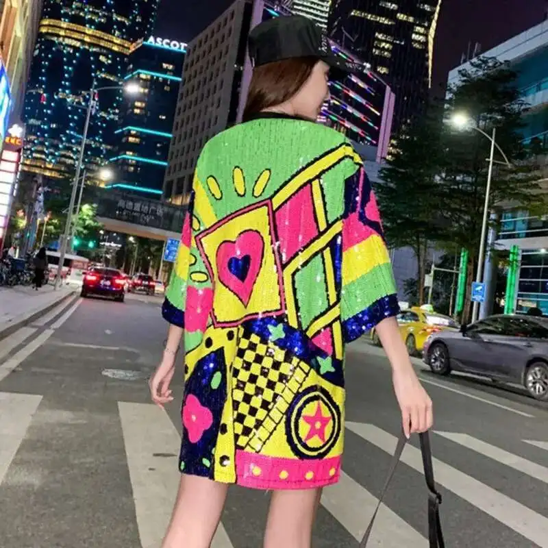 #0208 Summer Long T Shirt Women Loose Streetwear Funny Hip Hop T Shirt Short Sleeve Shinny Sequined T-shirt Female Split Joint