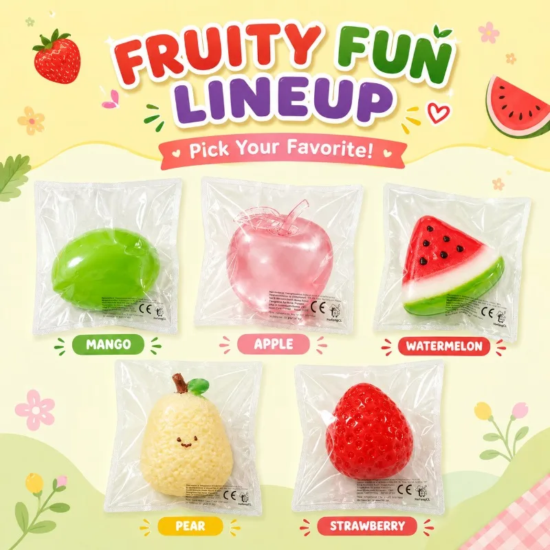Novel slow‑rising squishy squeeze toy in random fruit shapes. Perfect collectible novelty item as holiday and party gift.