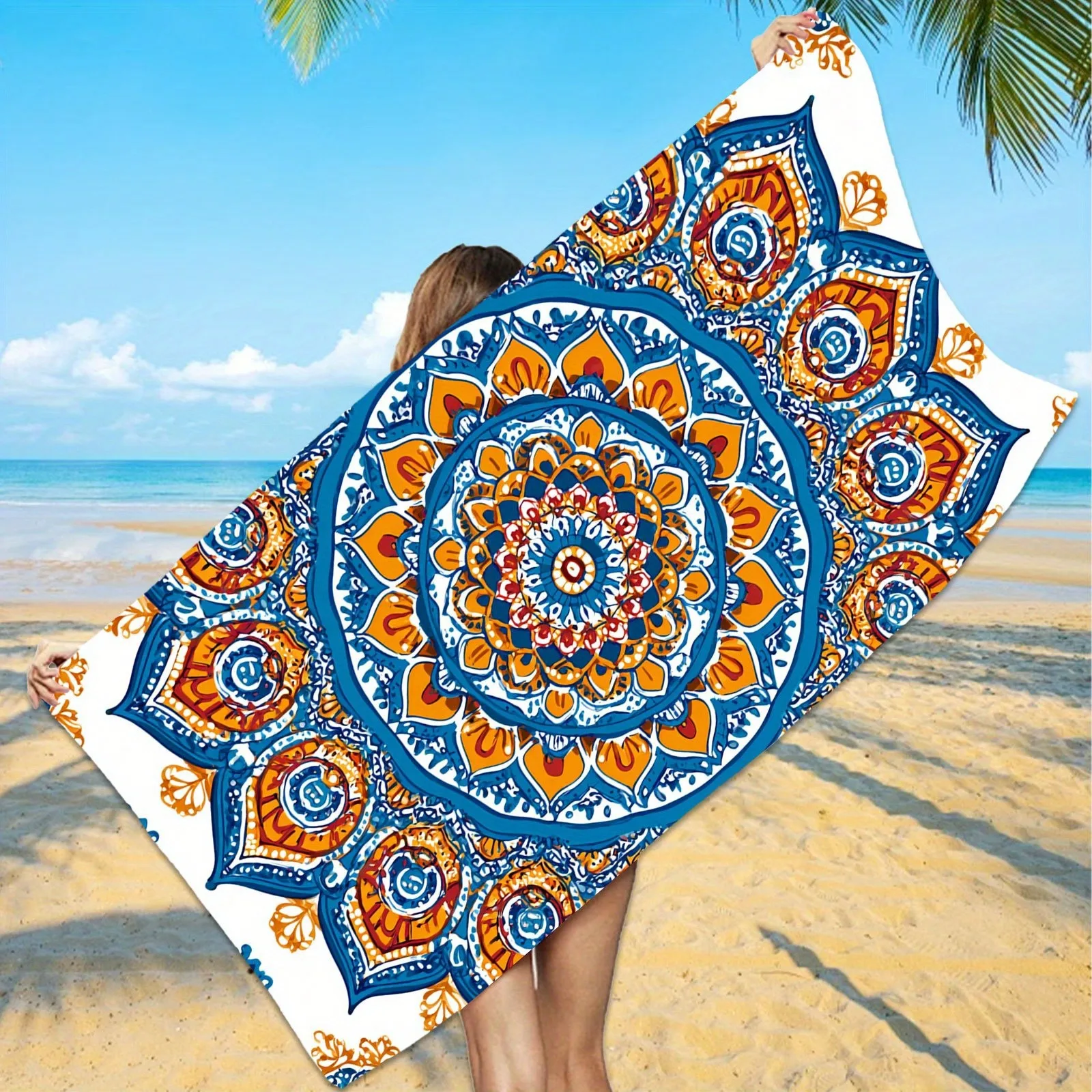 1 Toalha de Praia Mandala Azul e Laranja Extragrande, Toalha de Banho Extra Grande, Estampa Mandala Boêmia, Turquesa Vibrante e Dourado