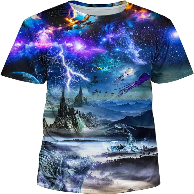 Summer Starry Sky Fantasy graphic t shirts Men Casual Fashion Cool Short Sleeve Personality Trend Printed Universe Pattern Tees