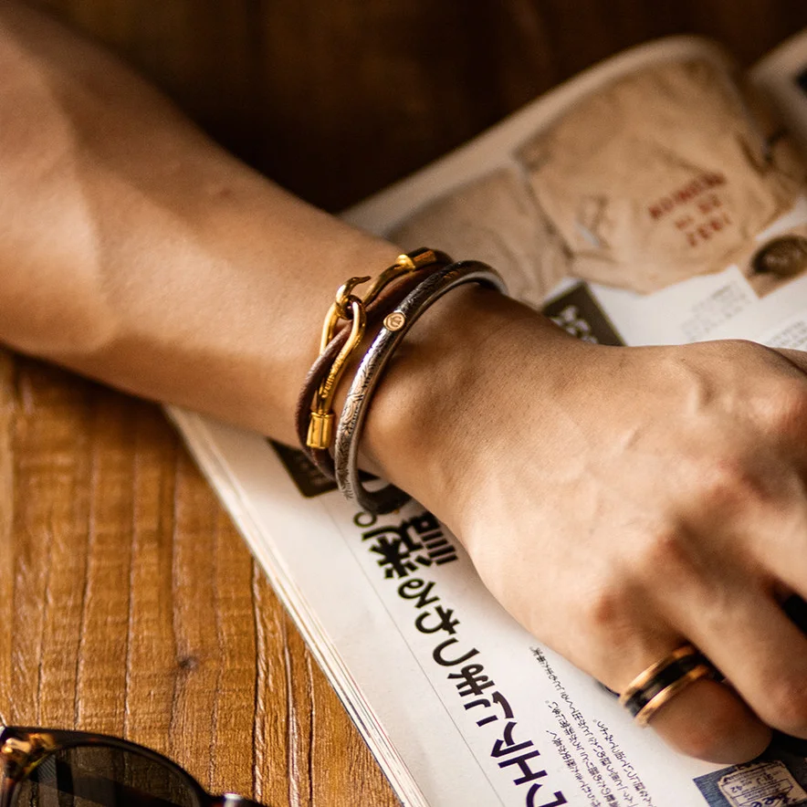 Unisex Vintage Vegetable Tanned Leather Bracelet for Men Women Handmade Hook Clasp Wristband Handmade Couple Jewelry Gift