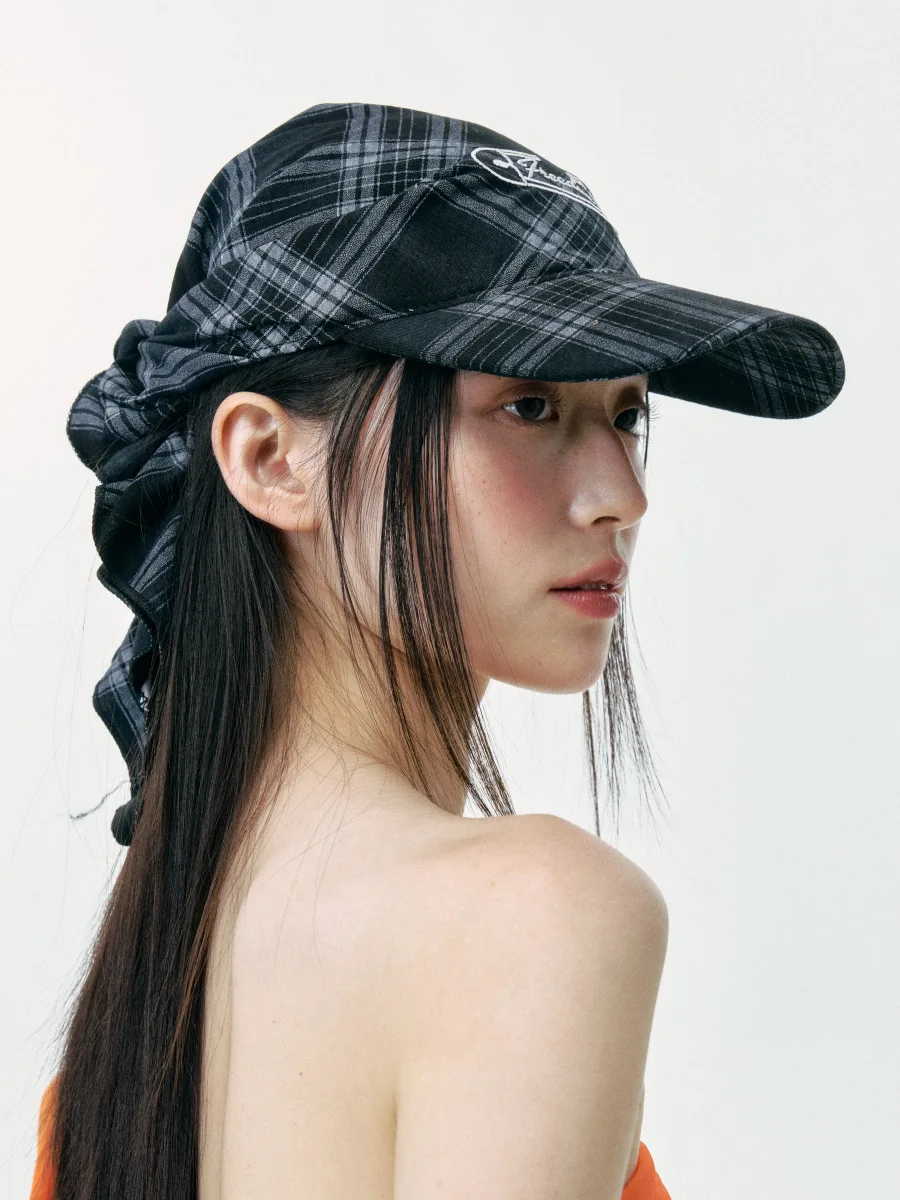 

Embroidered Chequered Scarf Hat, Thin-Strap Hat, Sun-Protective Baseball Cap, Hairpin