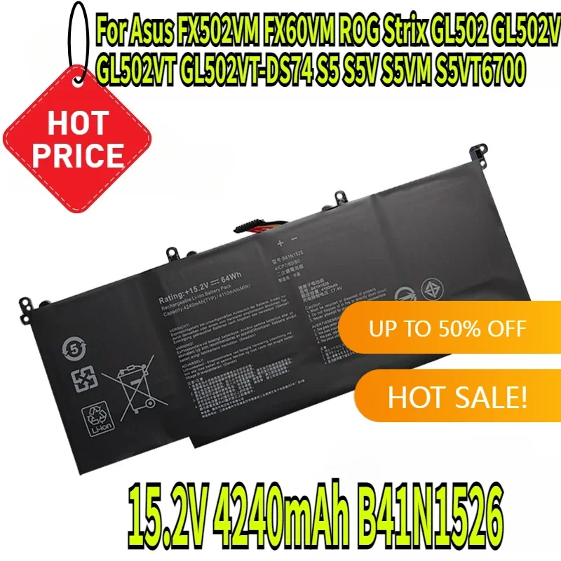 

15.2V 4240mAh B41N1526 Laptop Battery for Asus FX502VM FX60VM ROG Strix GL502 GL502V GL502VT GL502VT-DS74 S5 S5V S5VM S5VT6700