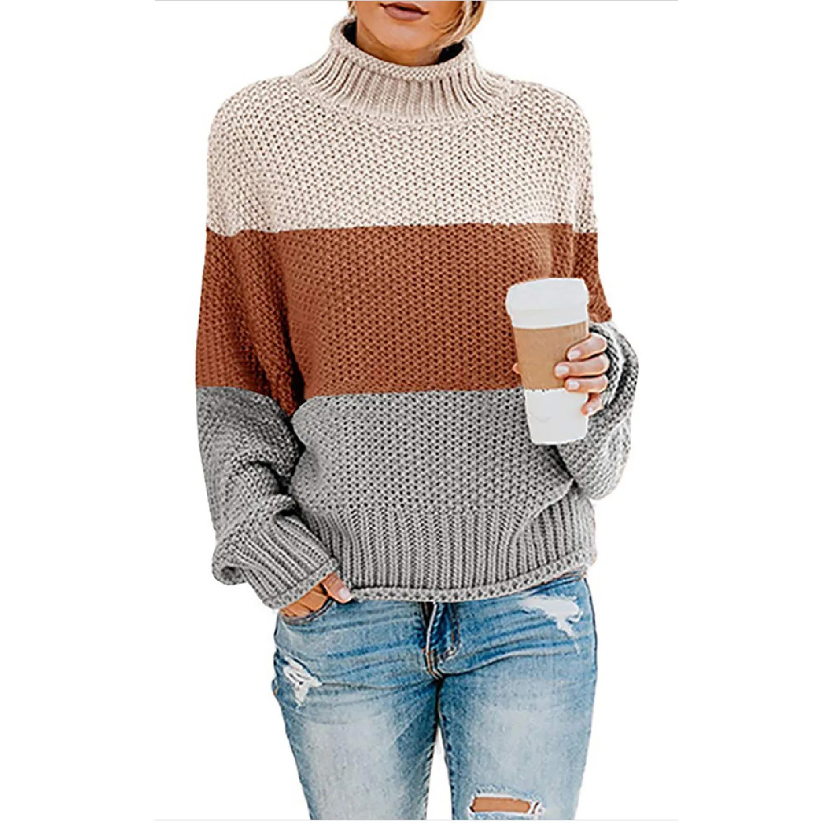 

Women's Autumn And Winter Casual Solid Color Striped Batwing Sleeve Slim Fit Thermal Turtleneck Sweater Casual Cotton Knitted