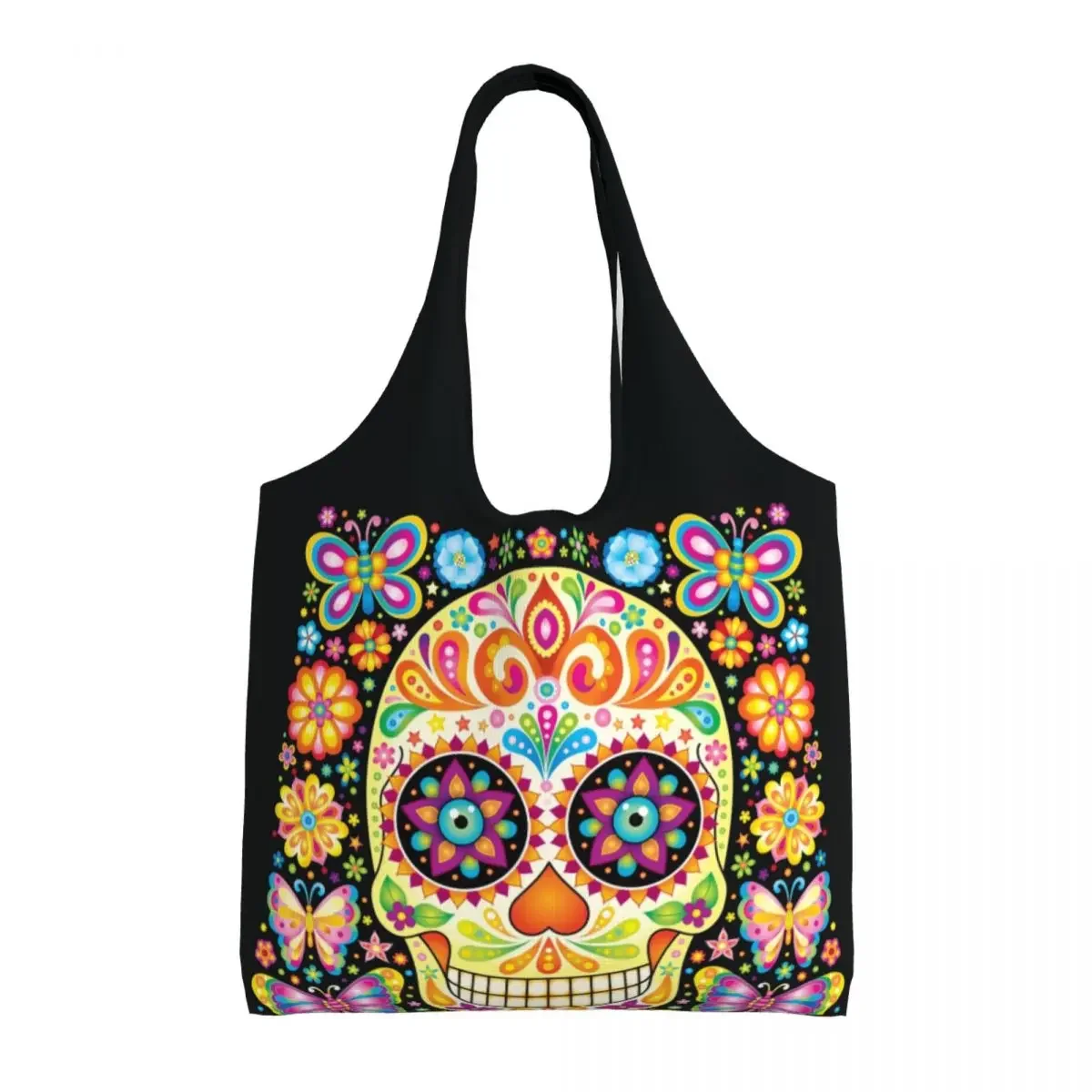 Day Of The Dead Sugar Skull Groceries Shopping Bags Canvas Shopper Tote Shoulder Bags Capacity Portable Mexican Flowers Handbag