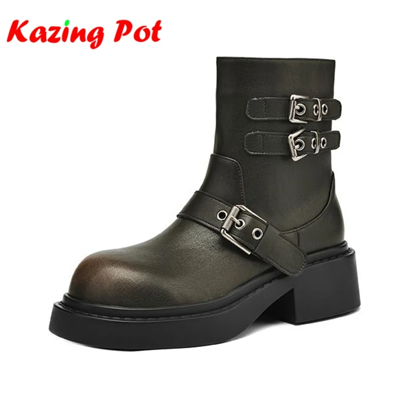 

Krazing Pot Cow Split Skin Thick Med Heels Western Boots Winter Autumn Vintage Women Gladiator Leisure Metal Buckle Ankle Boots