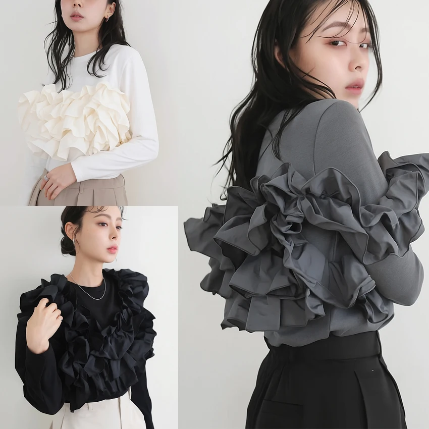 

Autumn 2025 Long Sve Handmade Embroidered Cotton T-irt Women's Slim Fit Japanese Sle Casual Pure Color Commute Top