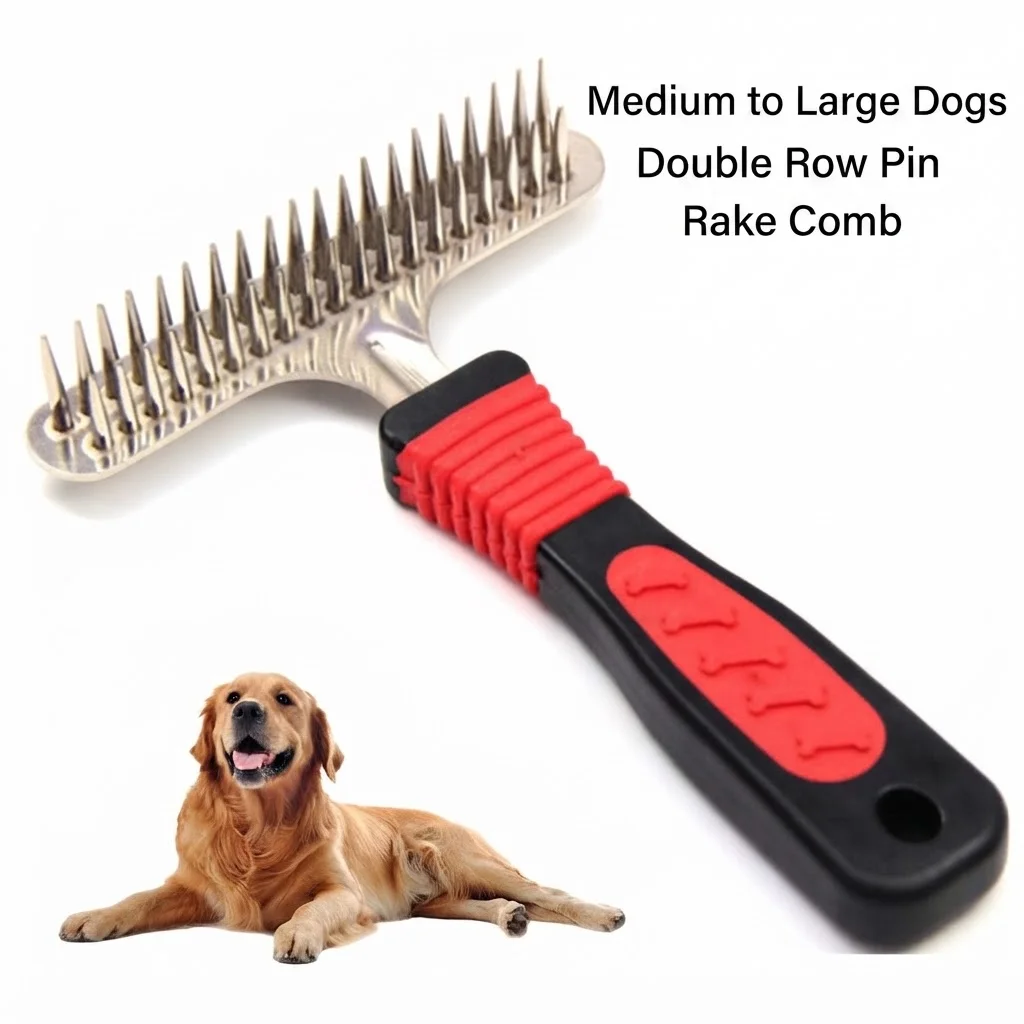 Dog Comb Deshedding Detangling Comb Double Row Grooming Rake for Long Haired Medium Large Breeds Pet Hair Brush Cleaning Tool