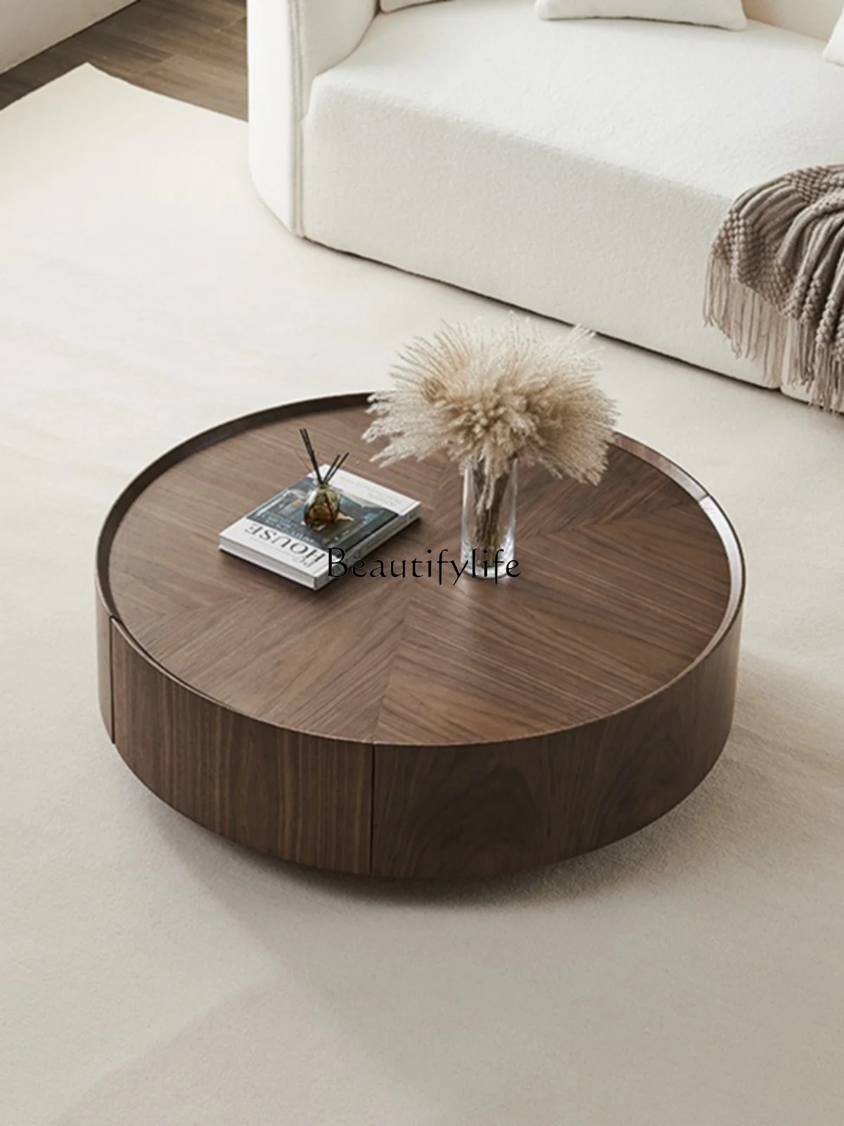 

Italian Minimalist Retro Style Walnut Color round Tea Table Modern Minimalist Storage Tea Table