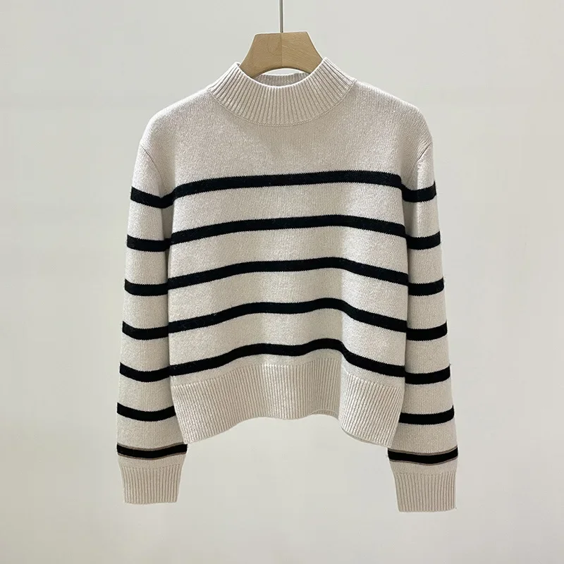 

Cross-color Striped Half Turtleneck Cashmere Sweater Autumn and Winter New Heavy Bead Chain Pullover Sweater Bottoming Shirt