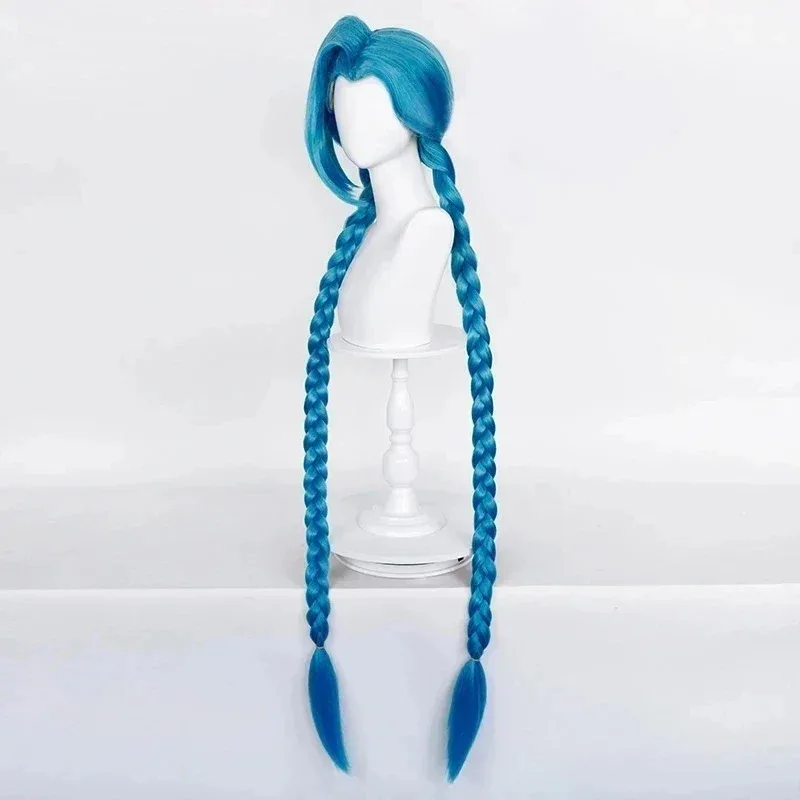LOL Jinx شعر مستعار طويل مضفر باللون الأزرق مدفع adt مع جديلة زرقاء، شعر مستعار صناعي