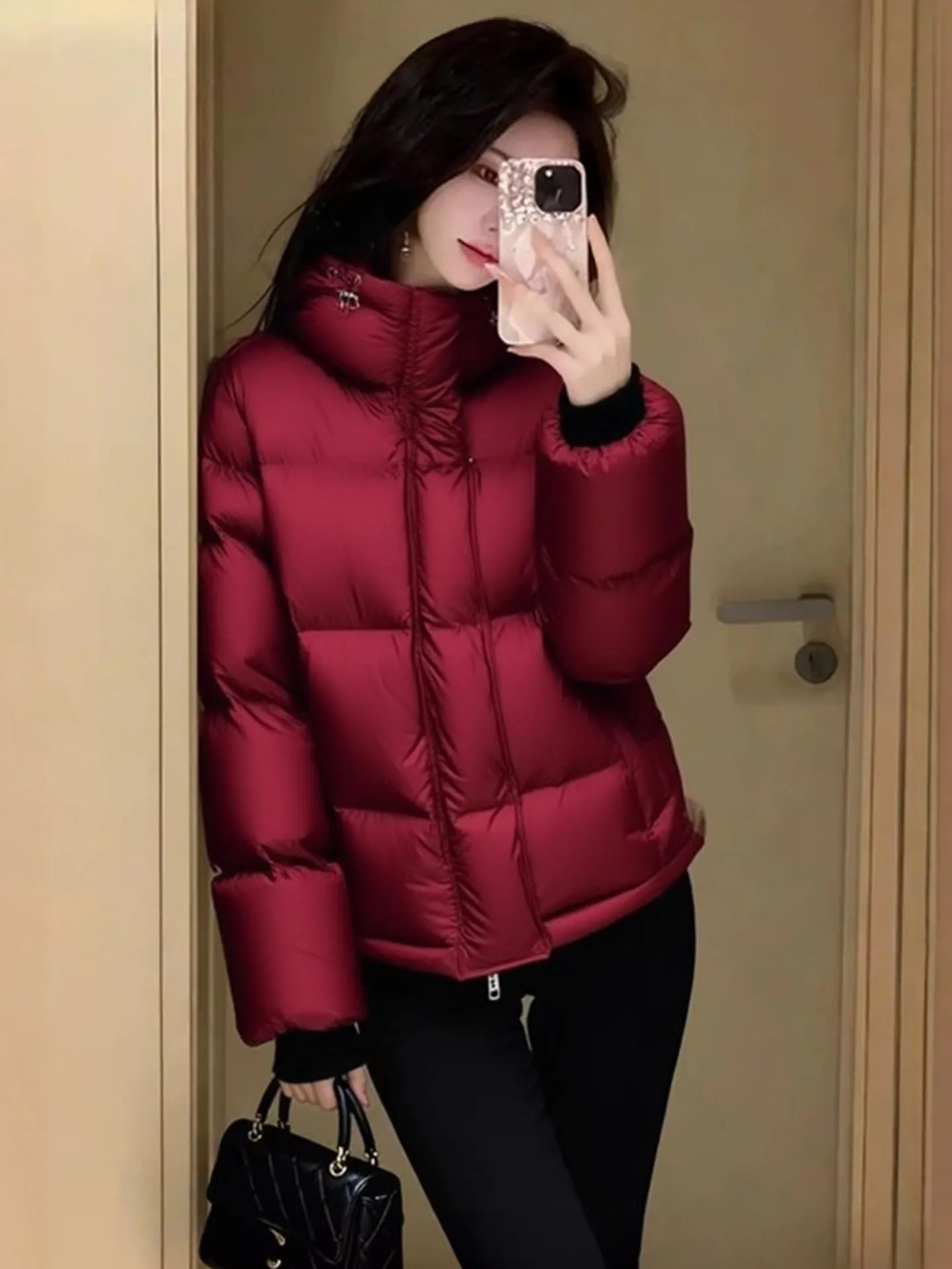 

Sli ort Red Women's down Jaet Faionable Bread Sle Winter Coat Warm Polyester Fiber White Du down Filling