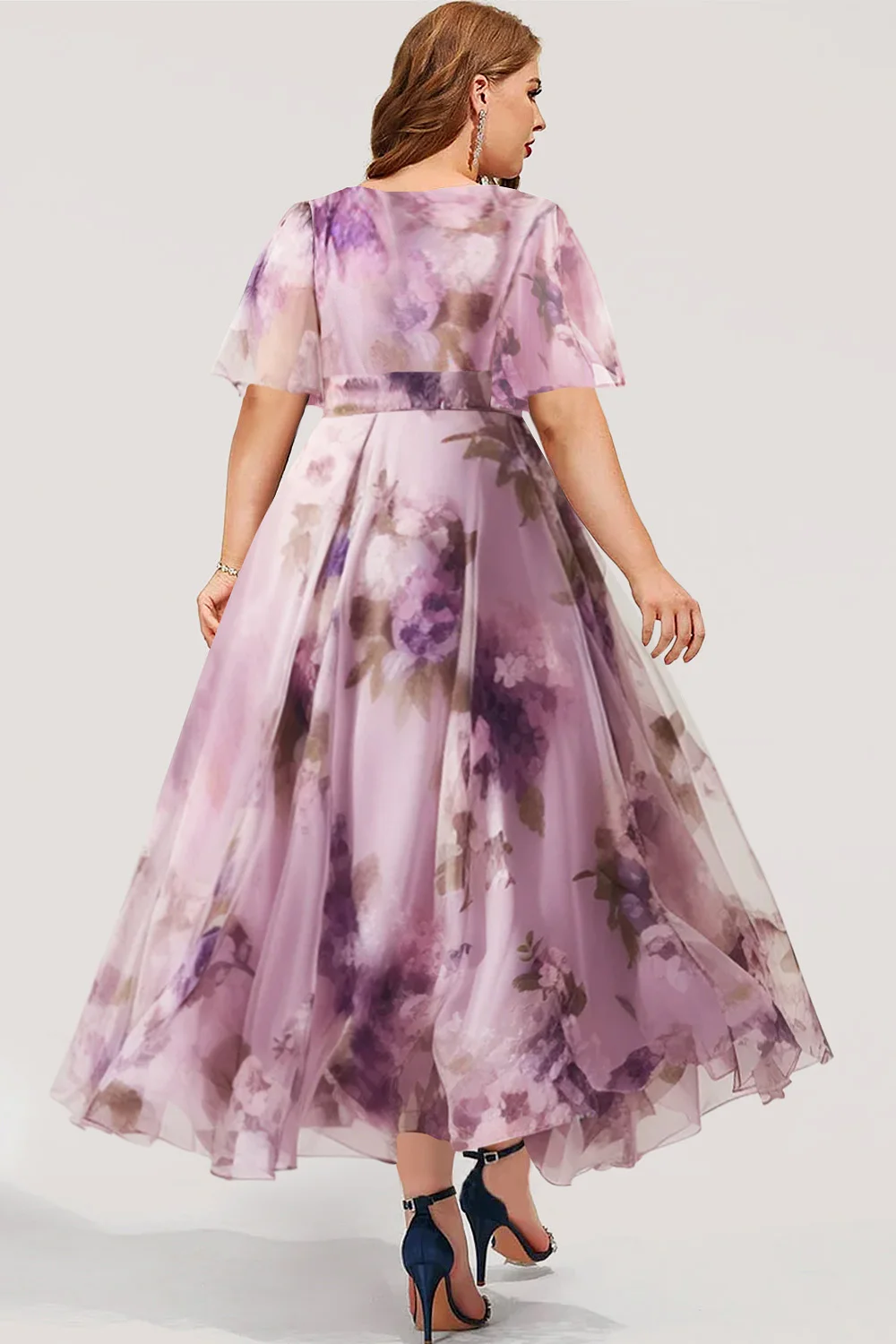 Flycurvy Plus Size Wedding Guest Purple Organza Floral Print Empire Waist Tunic Maxi Dress