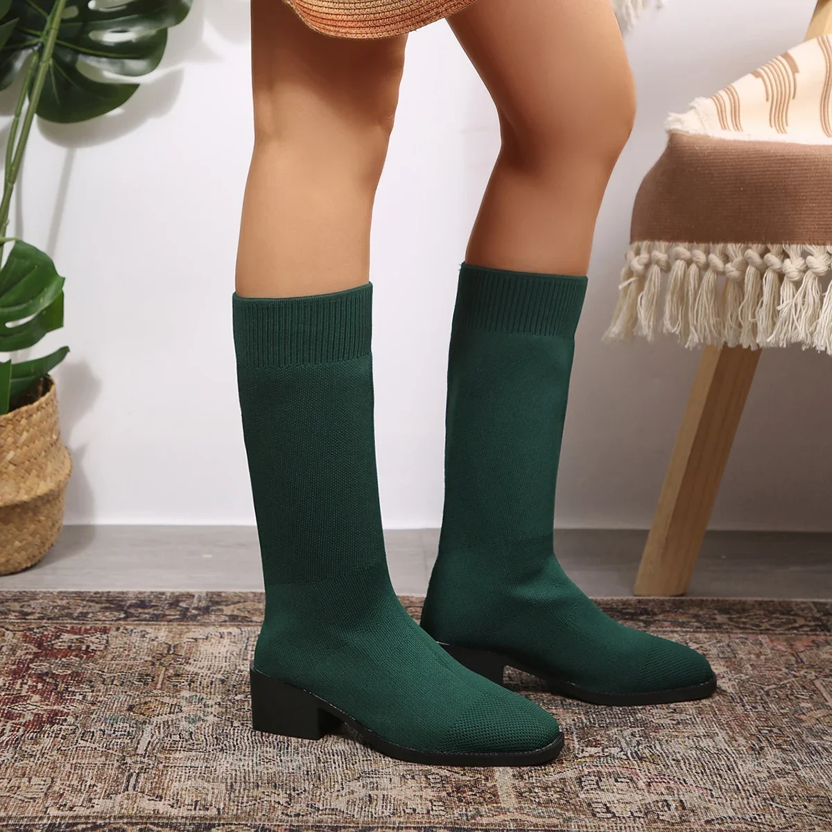 Frühling Herbst Mode Damenstiefel Quadratische Spitze Gestrickte Sockenstiefel Slip-on Halbstiefel Damen High Heels Übergrößen 35-43 Schuhe – Detail 13