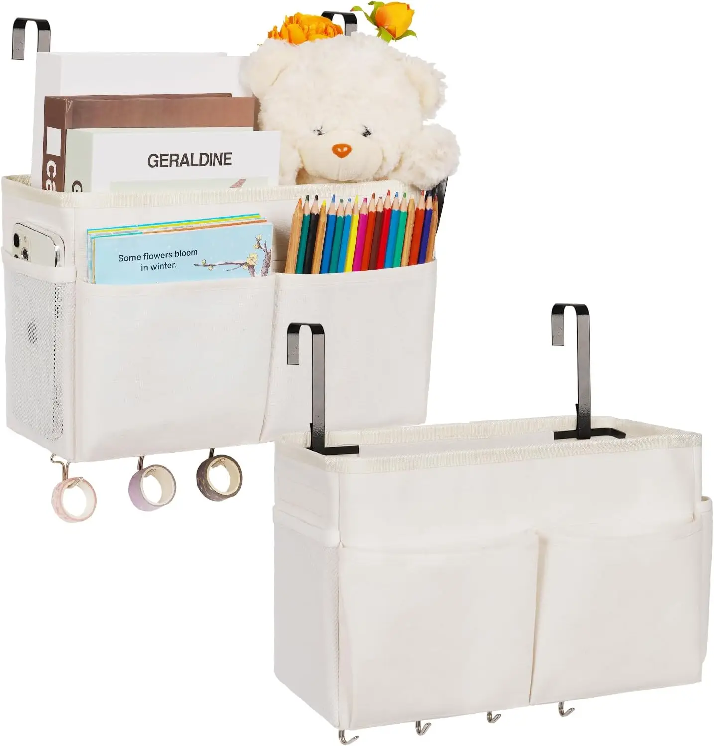 

Bedside Storage Organizer 5 Pockets With 4 Hooks Hanging Storage Bag For Headboards/Bunk Bed (2Pa White)