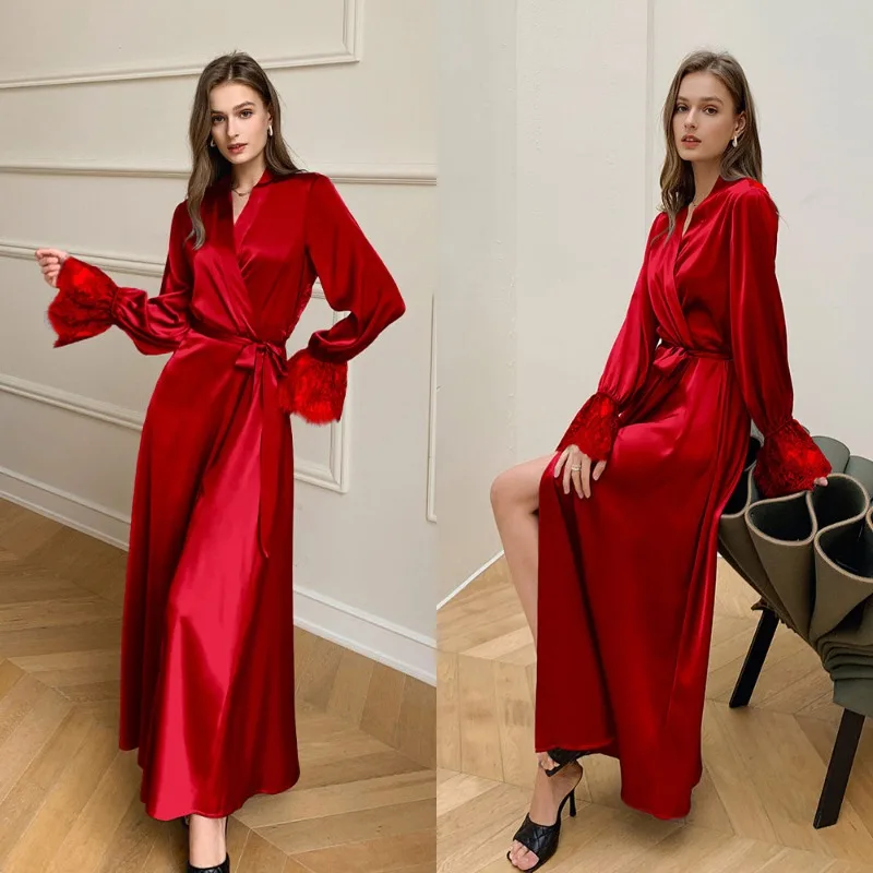 

Sexy Nightgowns French Satin Pajamas Thin Ice Silk Sleep Dress Elegant Lace-back Home Wear with Lace Trim for Spring and Summer