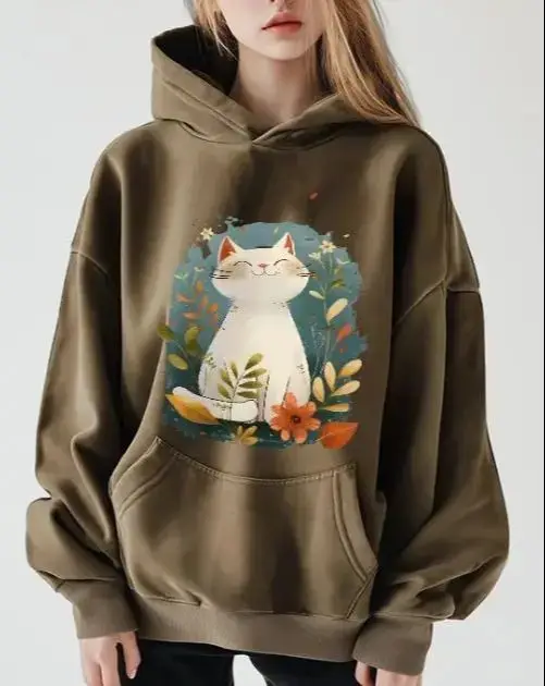 

Cute Cats, Cozy Y2k Sweatshirt, Women's Graphic Hoodie, Hand-Painted Bunny Art, Korean Style Oversized, Fall Winter Comfort 2025