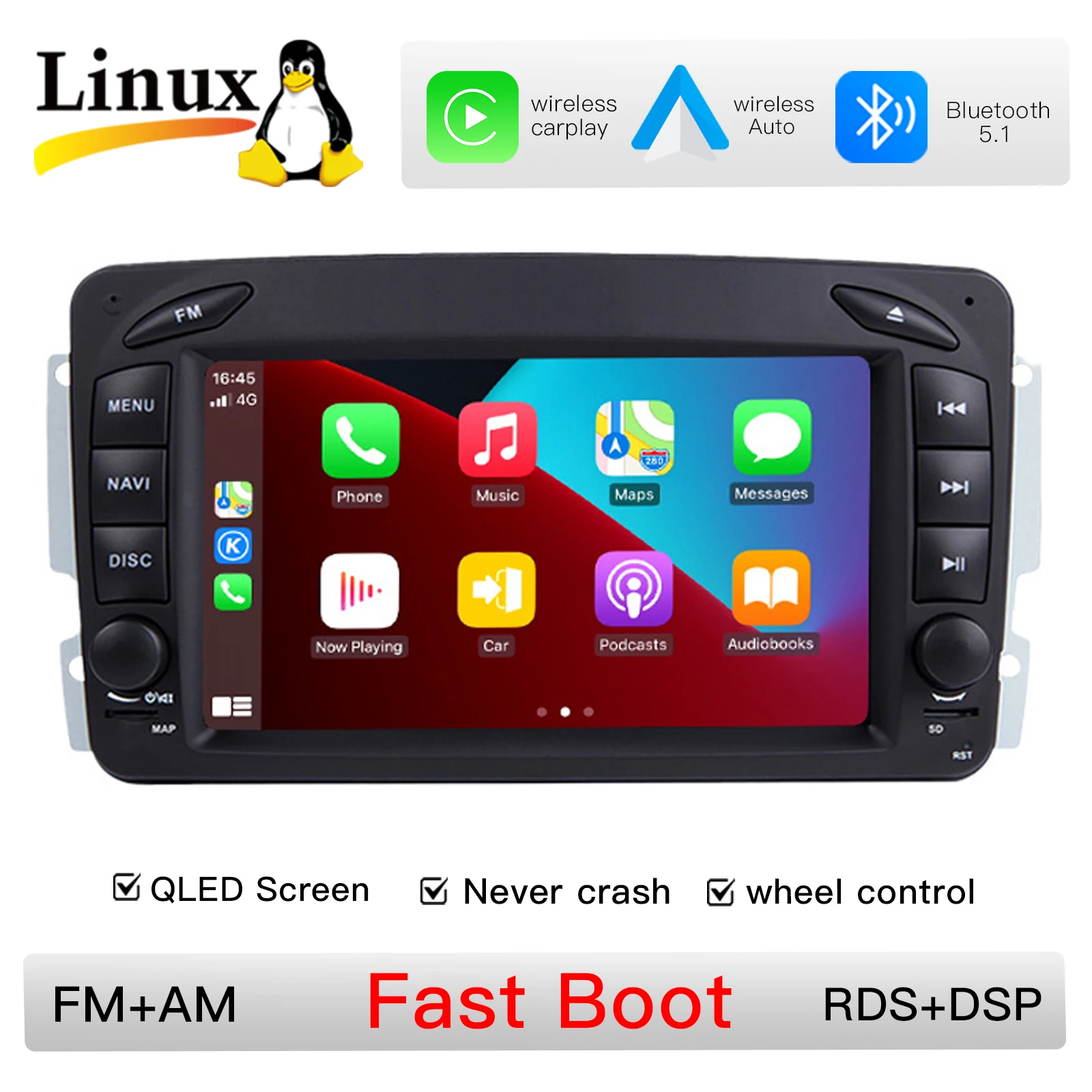 7" 2DIN 1280*720 Linux autoradio voor Mercedes CLK W209 W203 W639 W168 W210 ML Vito Vaneo met draadloze CarPlay, Android Auto, multimedia-speler, GPS-navigatie, FM RDS, DSP, achteruitrijcamera,