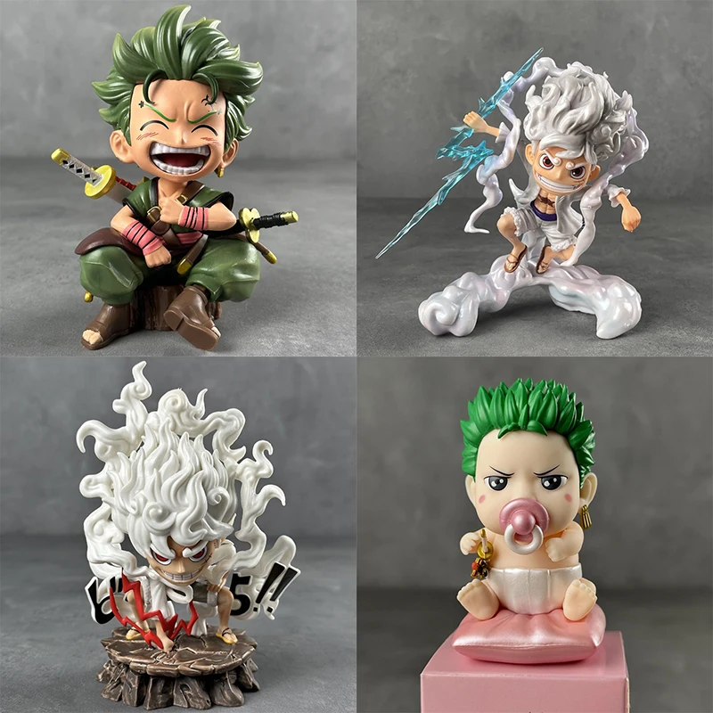 15cm Bandai One Piece Q-version figurine laugh loudly NIKA Luffy Ace Roronoa Zoro Anime model car decoration Desktop ornament