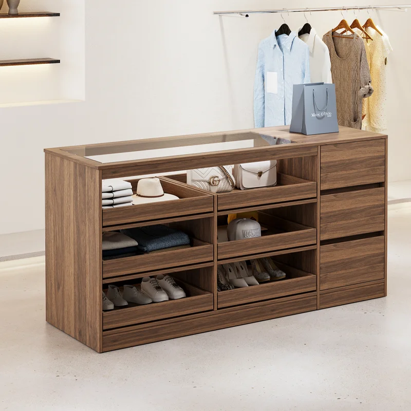 The solid wood clothing store assembly table can be pushed and pulled on both sides, and the glass jewelry display cabinet