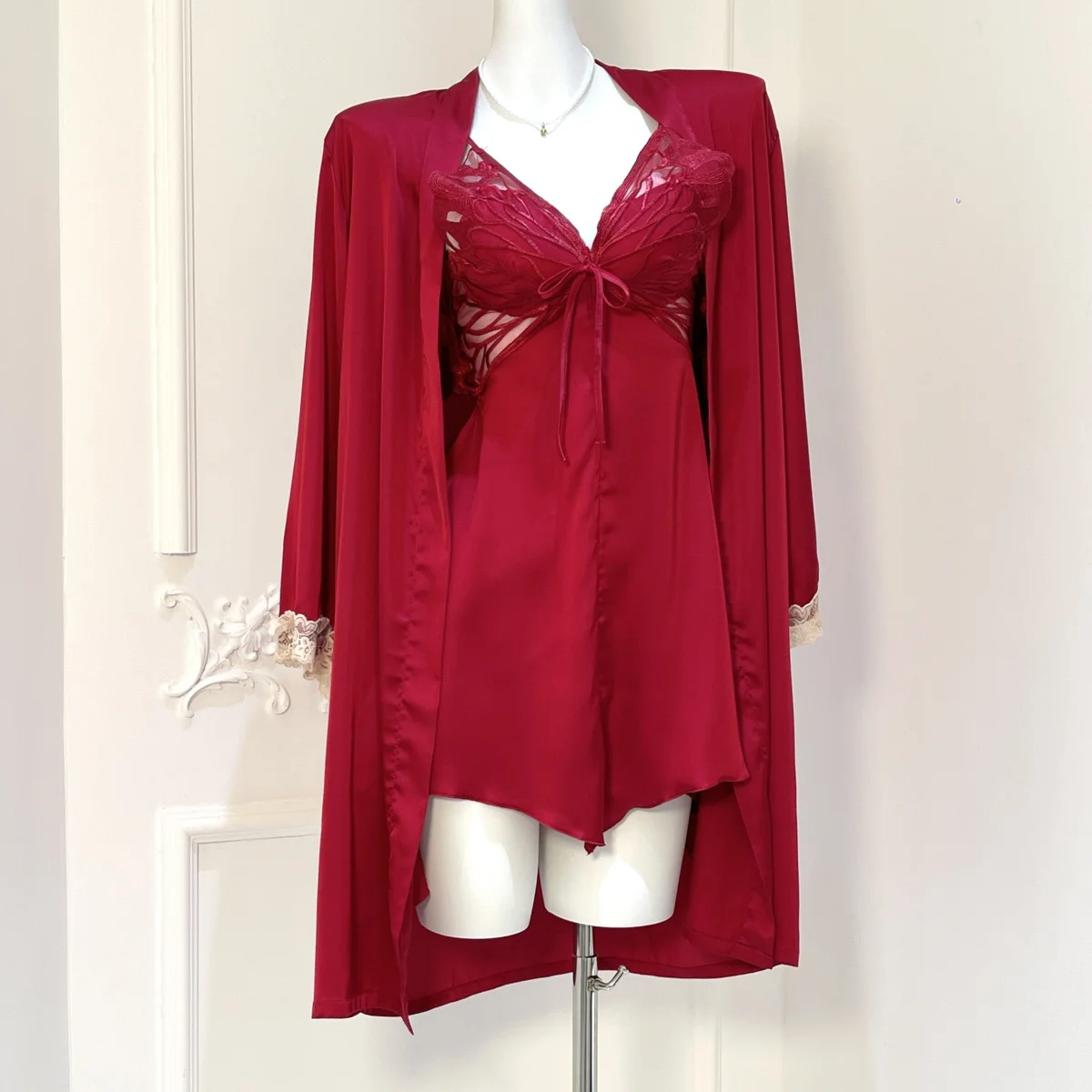 DAIMELU ice silk nightgown women's sleepwear summer suit wedding festive burgundy nightdress long-sleeved nightgown set skirt
