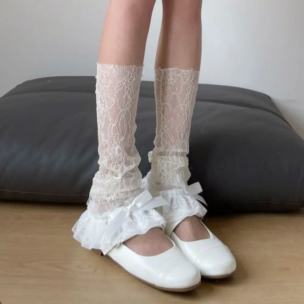 

Fashion Bow Ruffle JK Calf Long Socks Y2k Transparent Lace Flower Stockings Sweet Lolita Mid-tube Stockings Spring Summer