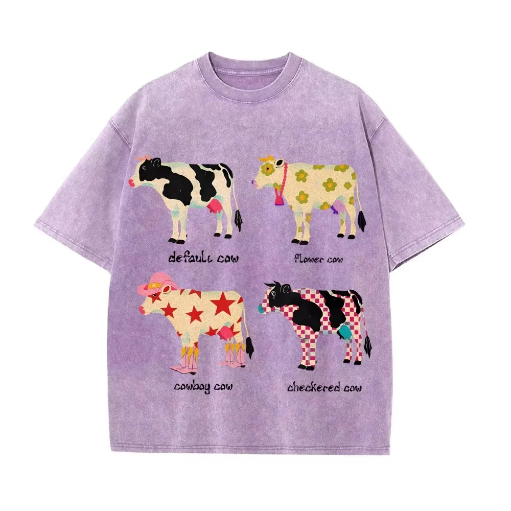 

Cute Cow Print Casual T-Shirt Retro Loose Cotton American Short Sleeve Crew Neck Fashion High Quality Unisex Jumper Summer