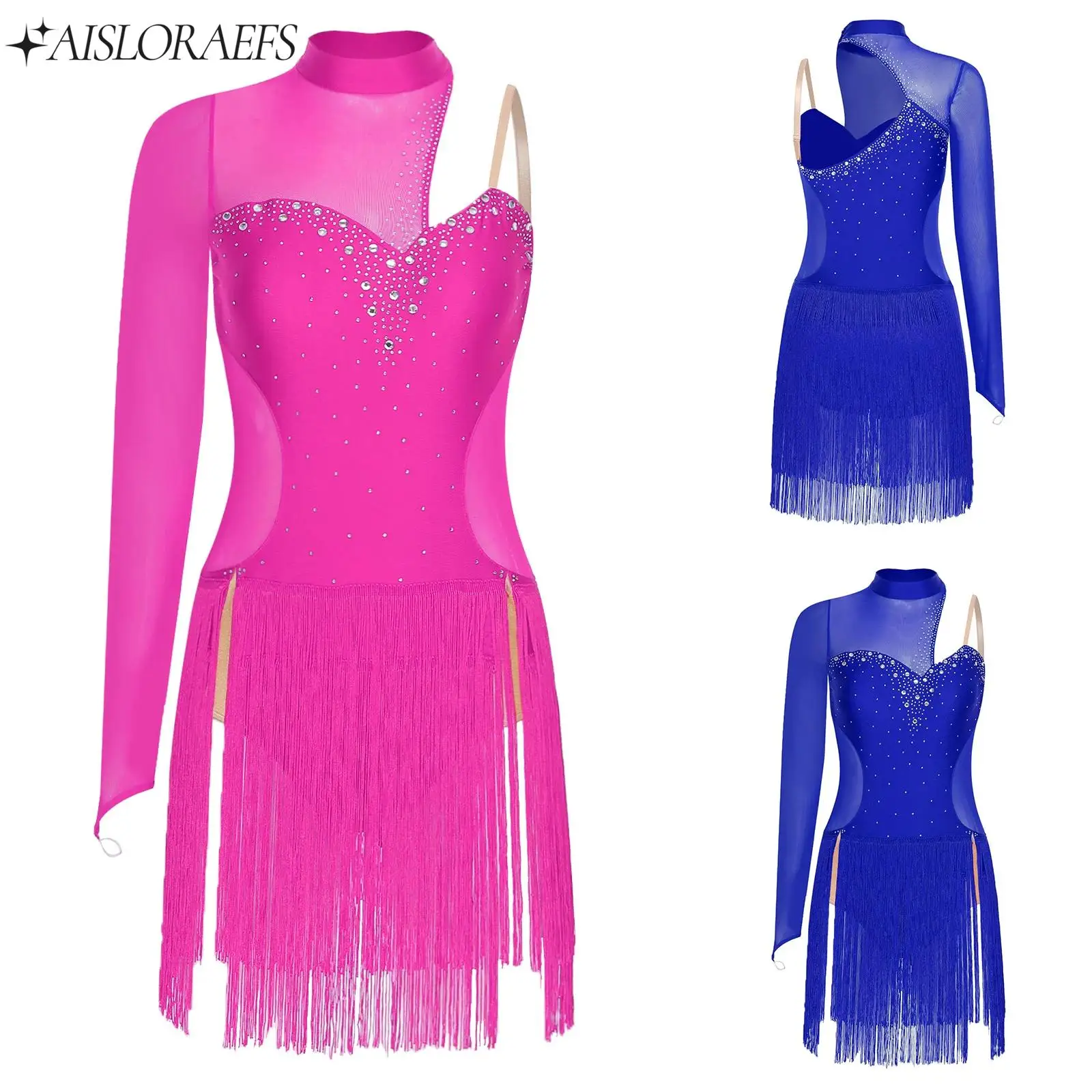 

Sparkly Rhinestones Latin Tango Cha-cha Dance Dress for Women Lyrical Figure Skating Clothes Asymmetrical Fringed Mesh Dresses