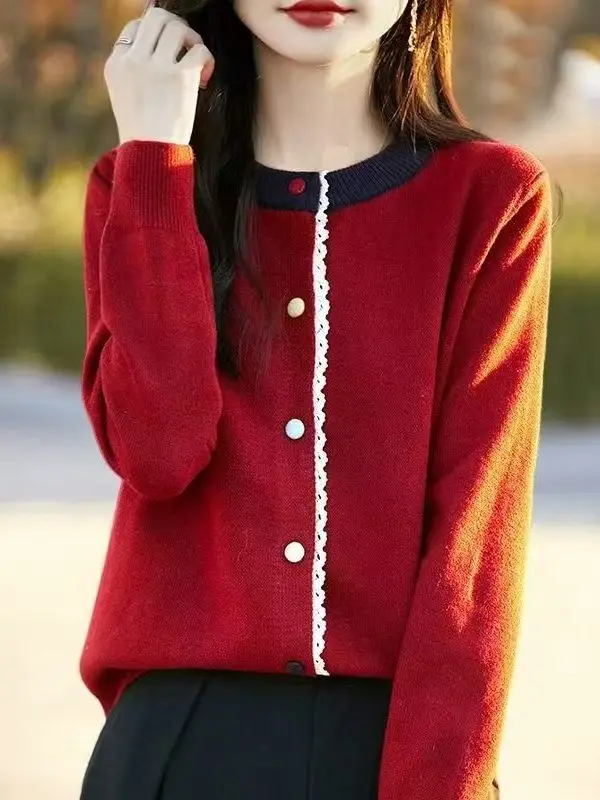 Chic Lace Trim Knitted Open Cardigan Long Sleeve round Neck Women's Light Weight Spring Autumn Versatile Beautiful Outerwear ...
