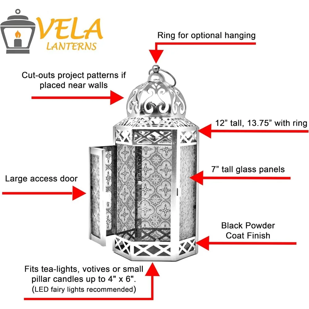 فوانيس فيلا 12 قطعة LED سلسلة أضواء خرافية حامل شموع فانوس مغربي مزخرف، زجاج كوبالت، كبير
