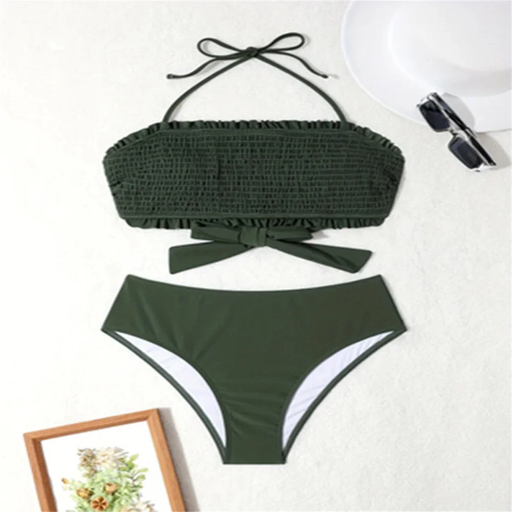 

Cute Ruched Pleated Bikini Backless Knotted Bandeau Swimsuit Green Y2K Vacation Swimwear Bikinis Women Bathing Suit Beach Outfit