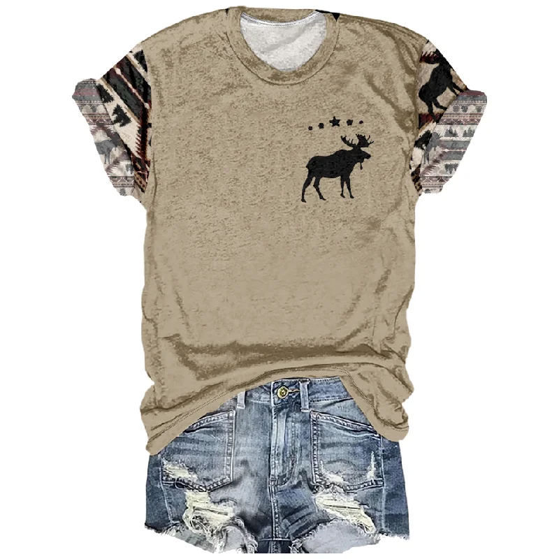 

Japanese Style Cute Elk Pattern Pattern Summer Women's Short Sleeve O Neck T Shirt