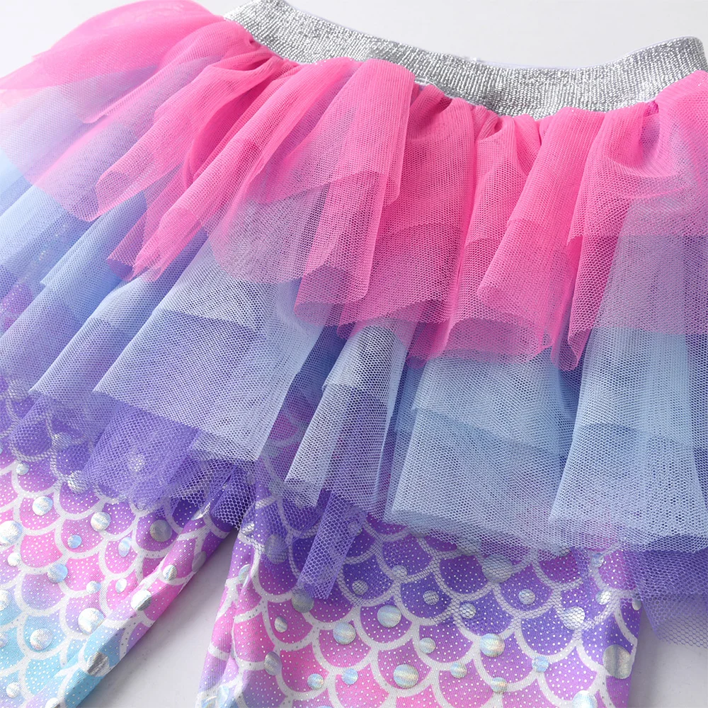 VIKITA Children Trousers Girls Mermaid Print Leggings with Skirts Fake 2 Pcs Pants Casual Cute Trousers Mesh Tutu Pants Skirts