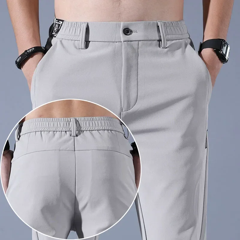 2025 New Summer Ultra-thin Men's Casual Pants Breathable Soft Ice Silk Elastic Straight Business Trousers Black Gray