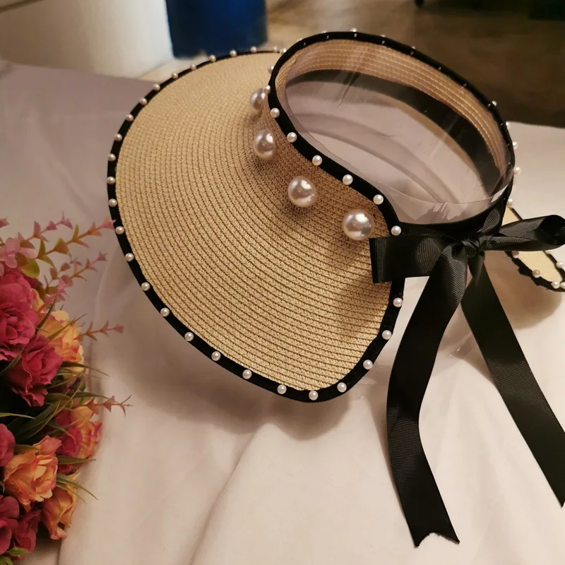 Women's Visor Sun Hat with Pearl & Bow Ribbon, Open Top Wide Brim Beach Hat, Vacation UV Protection Cap