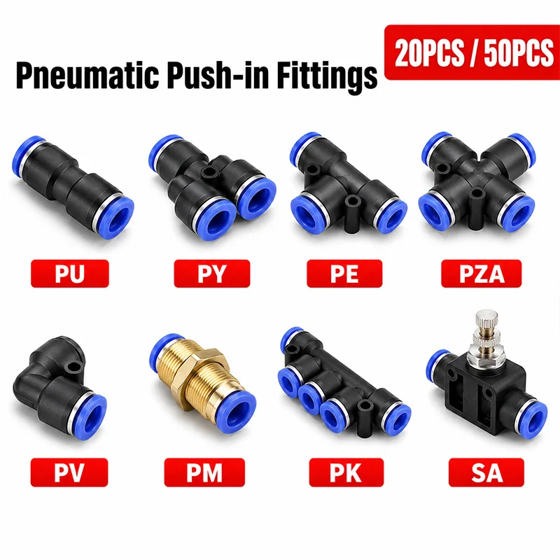 Pneumatic Push In Fittings PU PV PY PE PZA PM PK SA Air Hose Tube Quick Connectors 4/6/8/10/12mm Plastic Joint Adapter Kit Pack