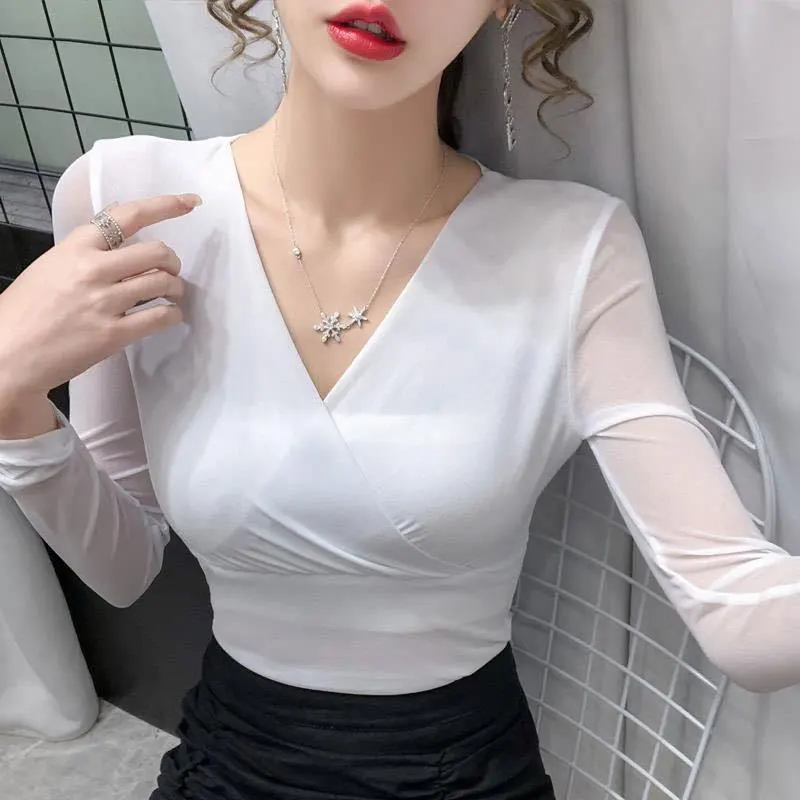 

Women's Monochromatic V-Neck Long Sleeve T-Shirt Spring Clothes Temperament Office Lady Casual Tops Simplicity New Style Fashion