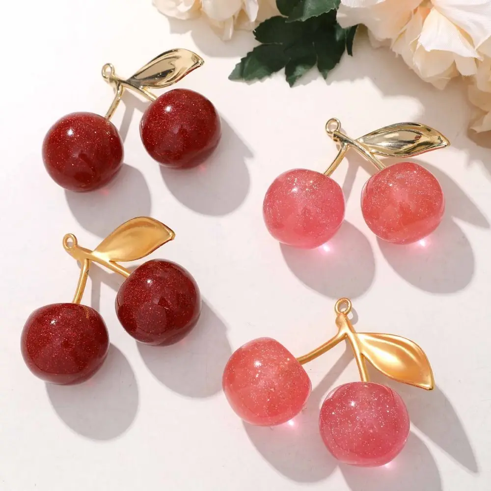 2Pcs 3D Fruit Big Cherry Pendants Crystal Charms Earrings Necklaces Making Korean Style Alloy Cherry Making Findings Birthday