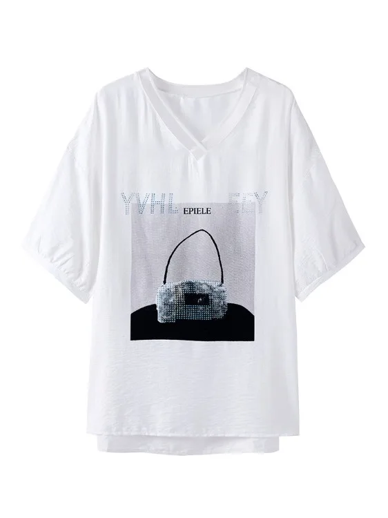 Lose V-Ne Gedruckt Strass ort Sve T-shirt frauen Sommer Neue Sle Europäischen plus Größe frauen Top irt